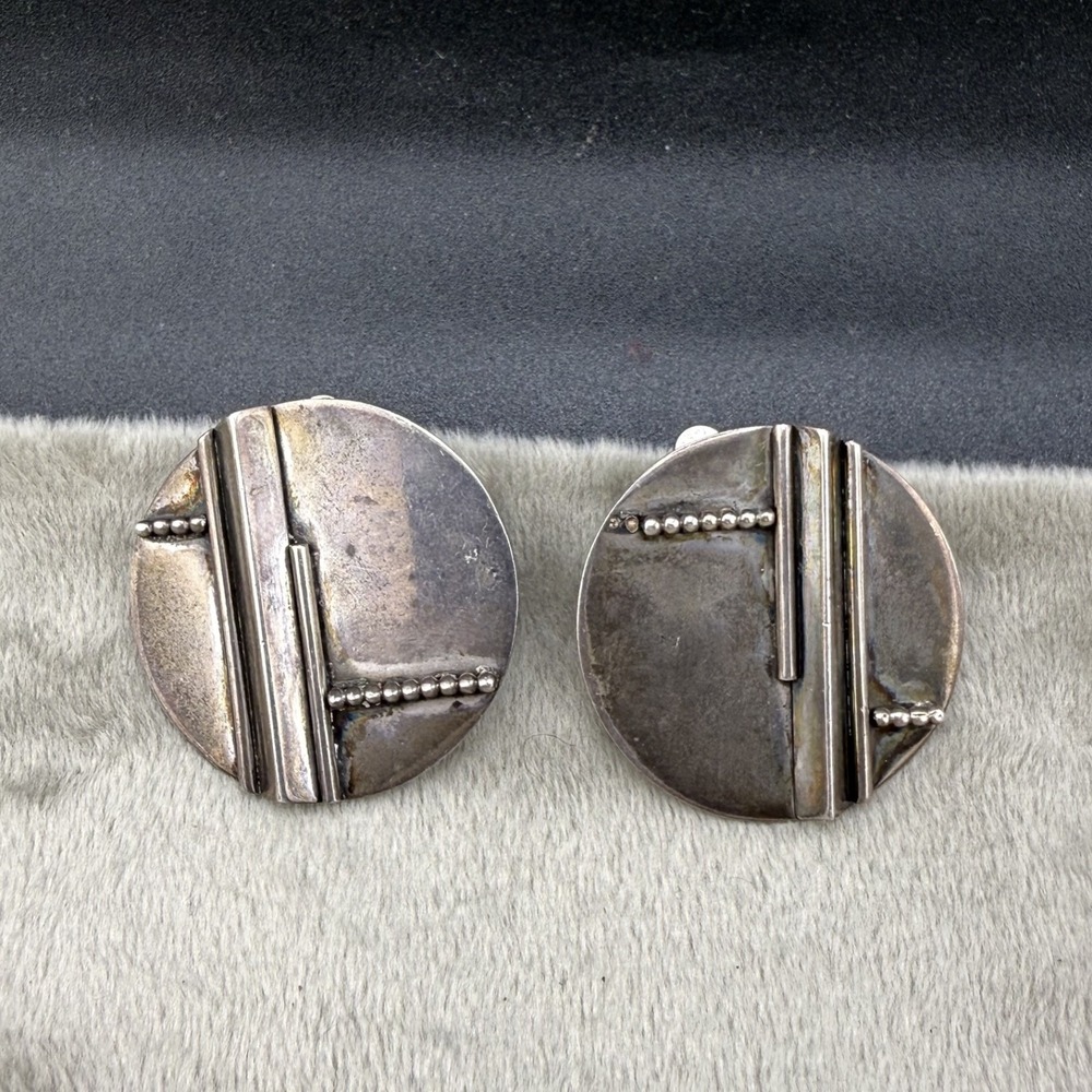 Vintage Clip On Earrings Abstract Modernist Silver Tone Geometric